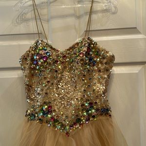 Prom formal with dazzling multi colored beading skirt satin and tulle